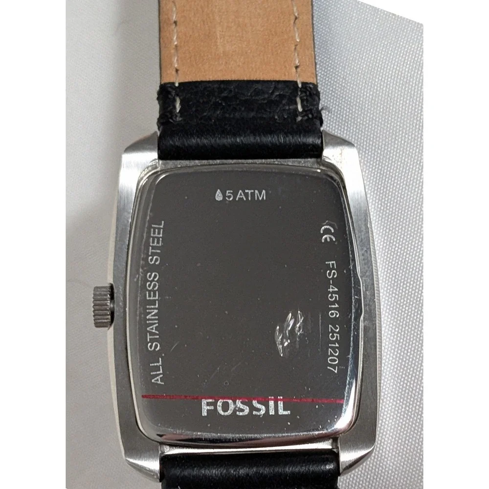 Fossil Watch Black Leather Strap Tonneau Stainless Steel Date Men's